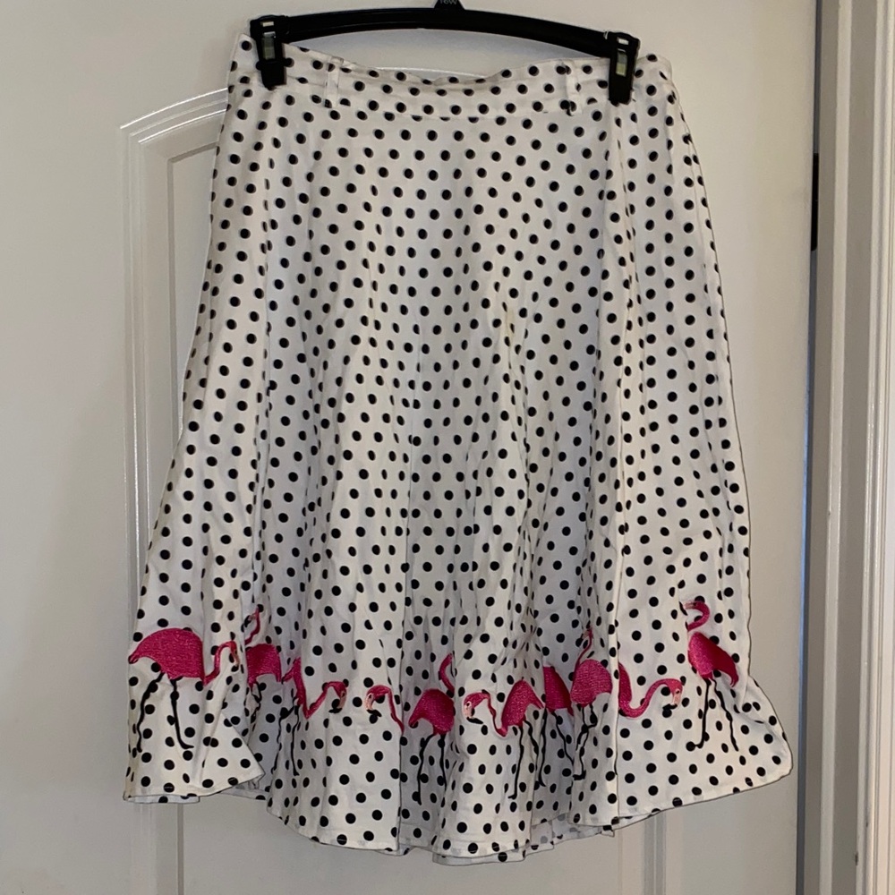 Collectif White Polka Dot A-Line Skirt with Pink Flamingo Border